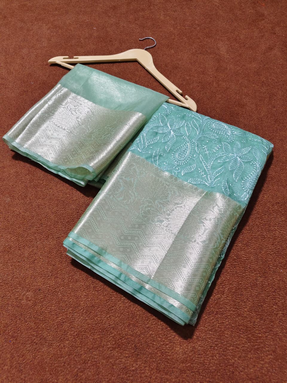 banarasi organza chikankari saree with zari pallu and rich texture border