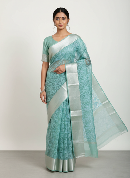 banarasi organza chikankari saree with zari pallu and rich texture border