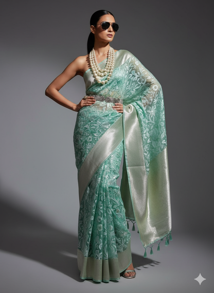 banarasi organza chikankari saree with zari pallu and rich texture border