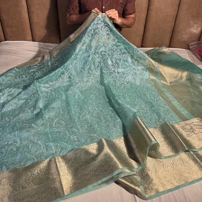 banarasi organza chikankari saree with zari pallu and rich texture border