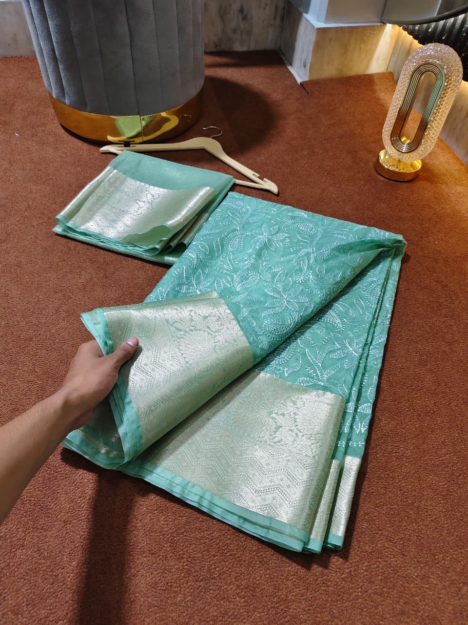 banarasi organza chikankari saree with zari pallu and rich texture border