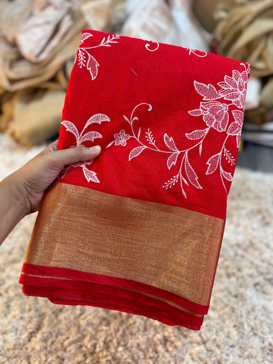 Banarasi Chikankari kota check cotton silk zari patta and hevy pallu saree